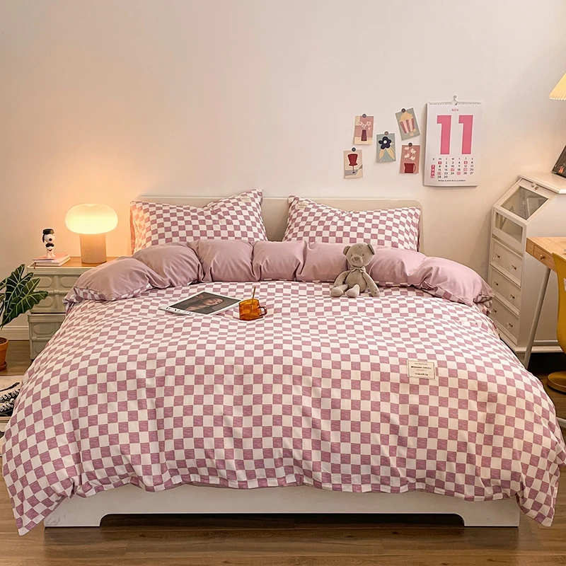 Pure Cotton Home Textile Plaid Pattern Bedding Set Simple Soft Duvet Cover Flat/Fitted Sheets Pillowcases Bed Linens Queen King