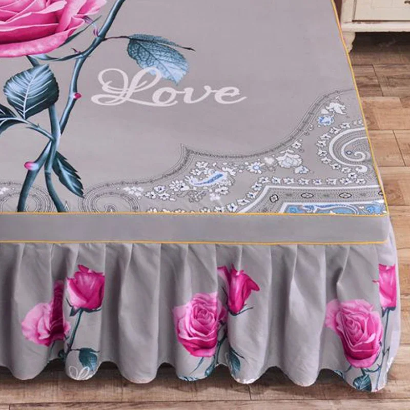 WASART Pink rose flower printed bed skirt couple wedding bedspread 150/180 bed linens 2 people luxury double bed sheet king size