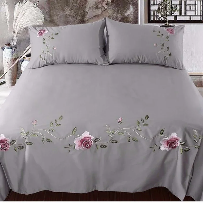 WASART Rose flora embroidery design flat bed sheet solid colour cotton twill linen bedding luxury home textiles queen king size