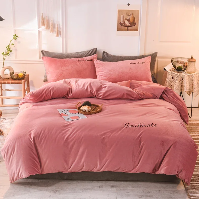 WASART Winter Warm Milk Fleece Duvet Cover 4PC Bedding Set Super King Size 220x240 Solid Embroidery Couple Luxury Home Textiles