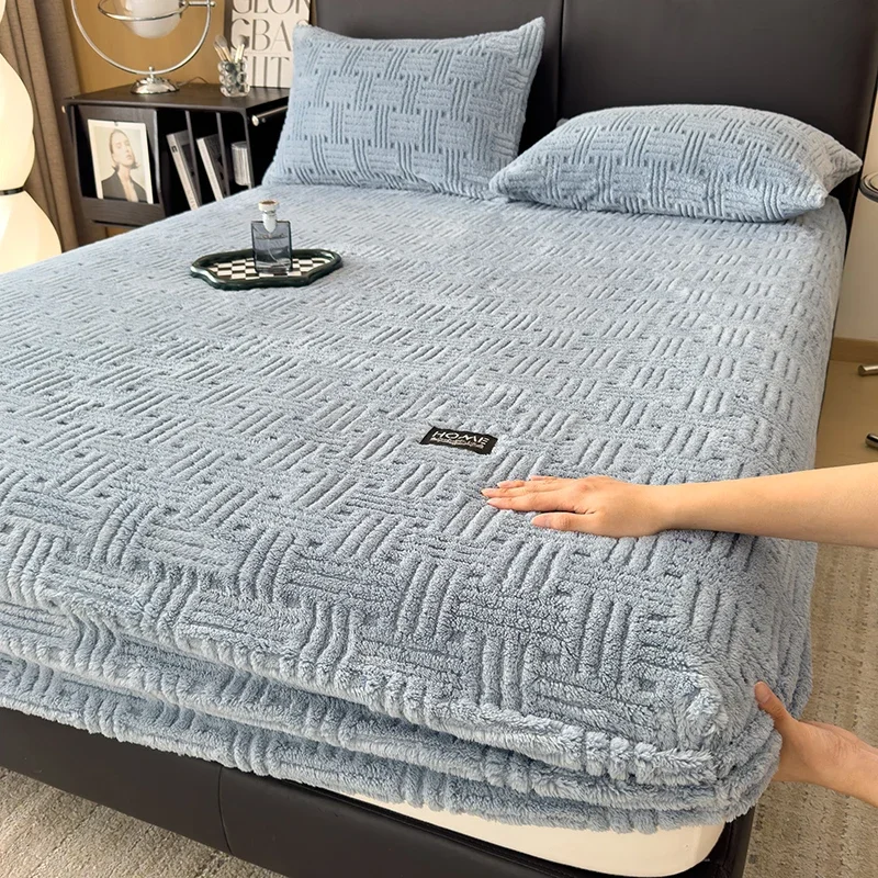 WASART Fluffy coral fleece fitted sheet elastic mattress cover warm plush bed linen couple luxury double bed bedding king size