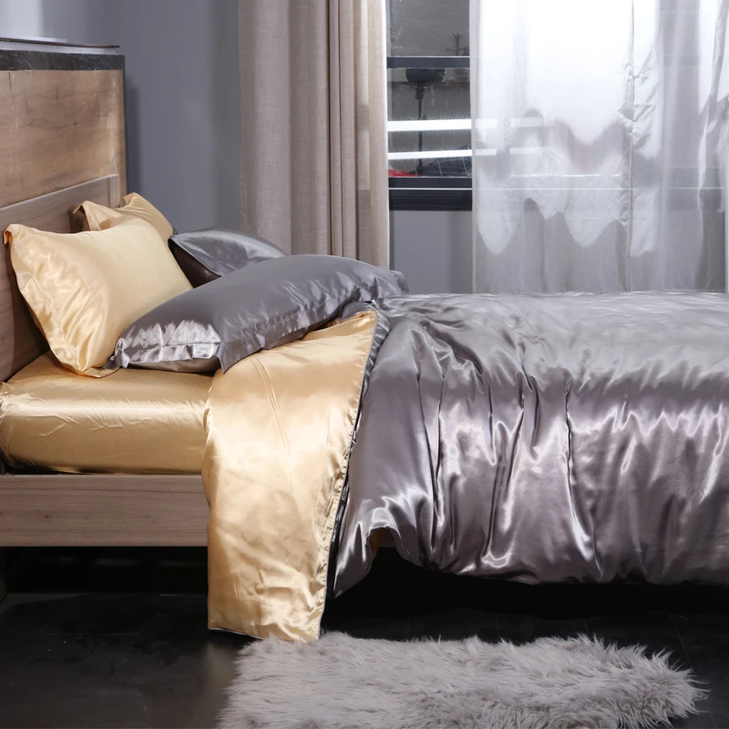 Blend Mulberry Silk Luxury Bedding Set Fitted & Flat Sheet Silky Duvet Cover Pillowcase for Home Hotel Premium Queen King Size