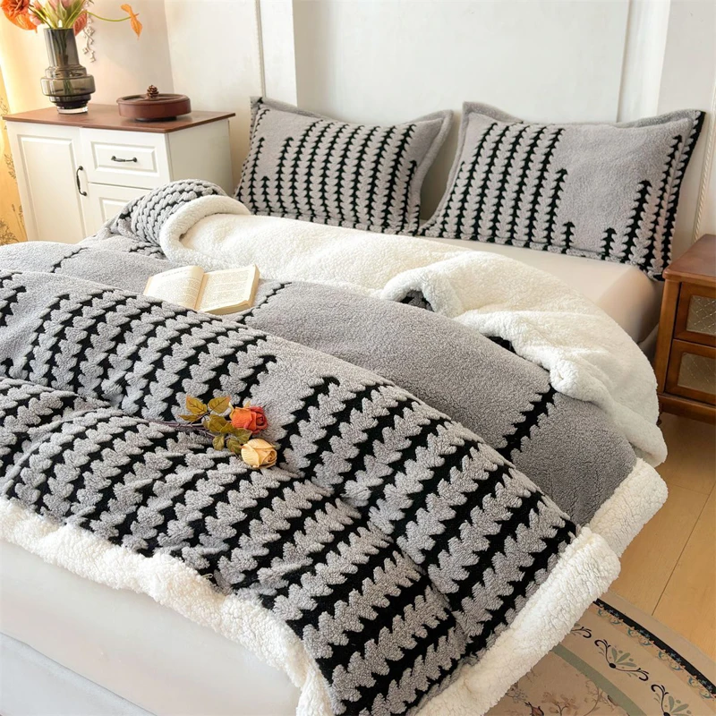 WASART Winter warm coral fleece Jacquard duvet cover fluffy plush luxury double bed couple quilt cover 220x240 cozy bedding set