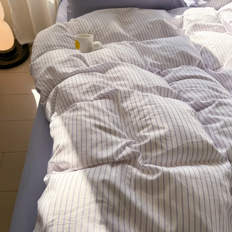 Simple Striped Washed Cotton Duvet Cover Set 3/4 Pieces Bedding Set with Quilt Cover Bed Sheet Sets Pillowcase Soft Breathable