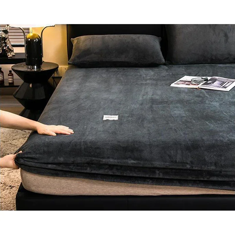 WASART Winter warm plush fitted sheet elastic mattress cover fluffy velvet fleece bed linen couple thermal double bed king size