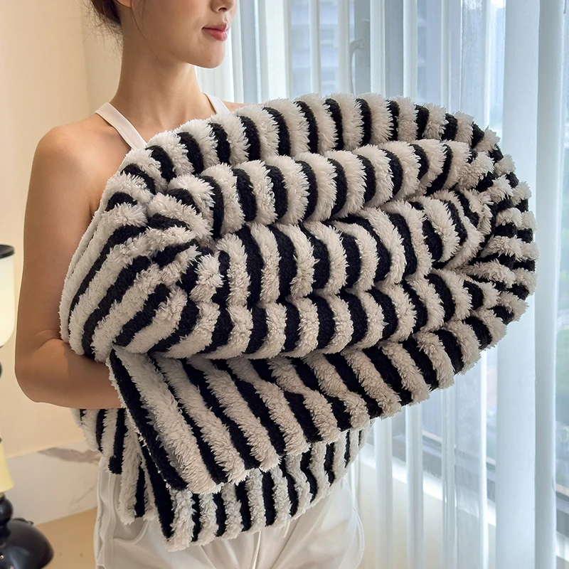 Cozy Fluffy Faux Fur Fleece Blanket Thick Warm Striped Winter Duvets Soft Plush Sofa Throw Blanket Bedroom Bedspread for Home