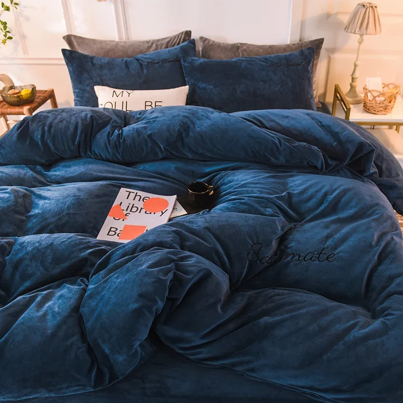 WASART Winter Warm Milk Fleece Duvet Cover 4PC Bedding Set Super King Size 220x240 Solid Embroidery Couple Luxury Home Textiles