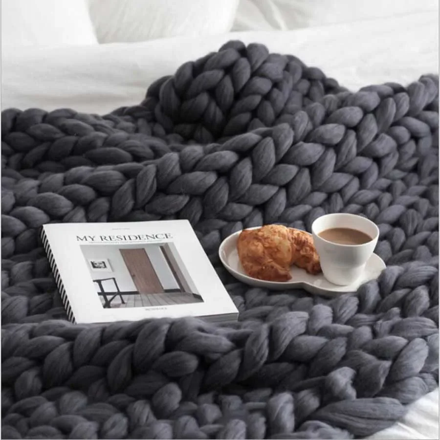 WASART Chunky merino wool blanket thick large yarn roving knitted blanket winter warm plaid throw blankets sofa bed blanket