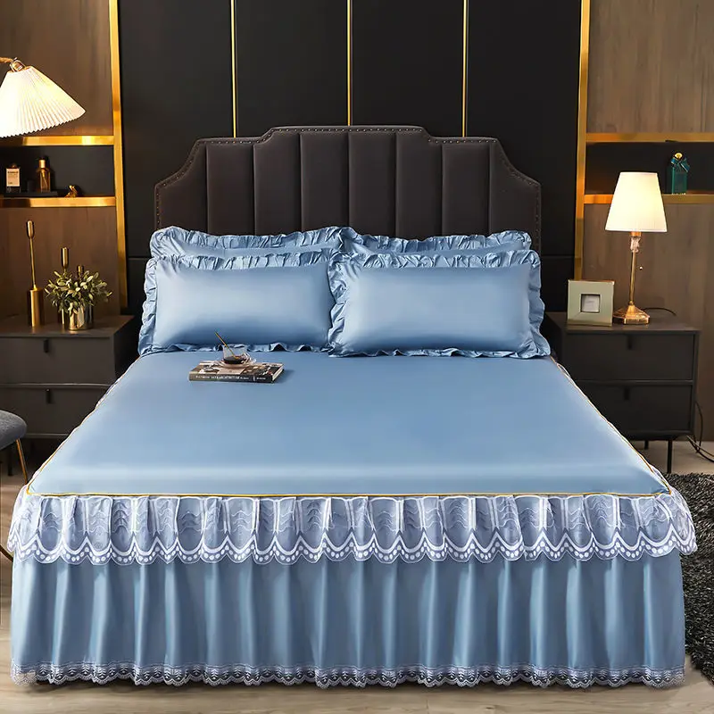 WASART Luxury lace bed skirt summer bedspread solid satin rayon bed linen couple bedding single double queen king size bed sheet