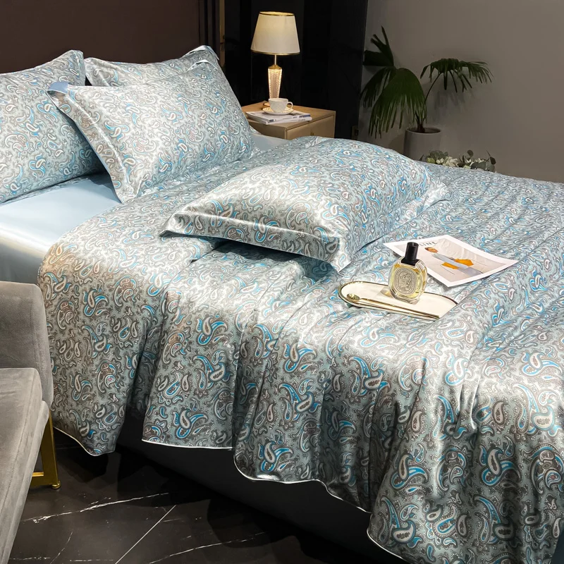 Home Silk Duvet Cover Set with Bed Sheet Pillowcase 4 Piece Natural Silk Bedding Sets Soft Smooth Comforter Covers with Zipper