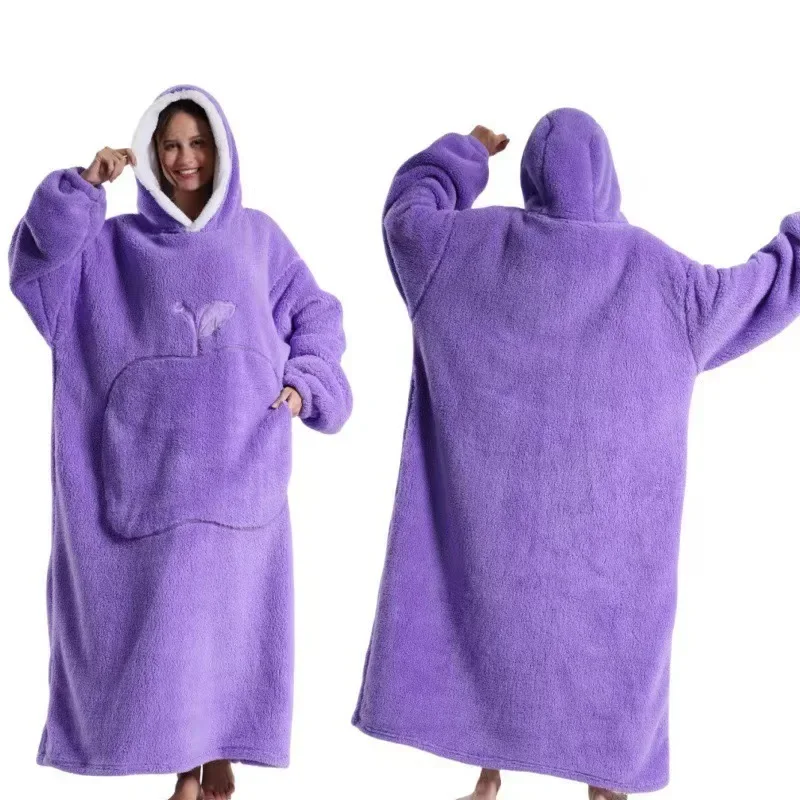 WASART Winter extra long wearable hoodies blanket adult warm pullover sweatshirt oversized fleece hooded blanket with sleeves