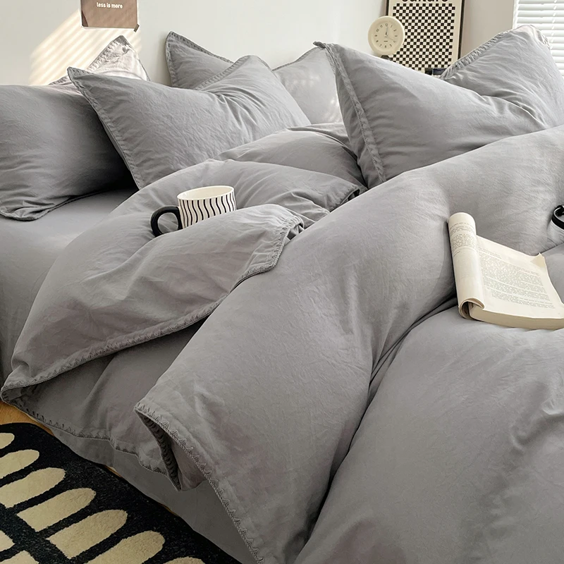 Simple Washed Cotton Bed Linen Bedding Set Four Piece Flat/Fitted Bed Sheet Set Comforter Set Full Double Couple Bed Quilt Cover