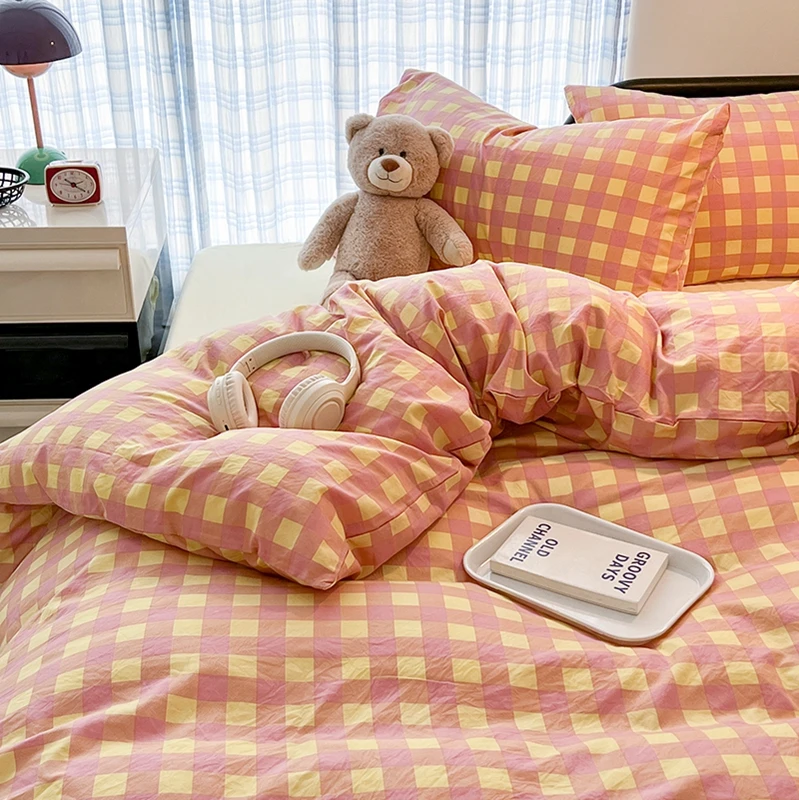 100% Cotton Soft Bedding Set Plaid Pattern Duvet Cover with Pillow Case Flatsheet Bedclothes Bedspread Pillowcases Comforter Set