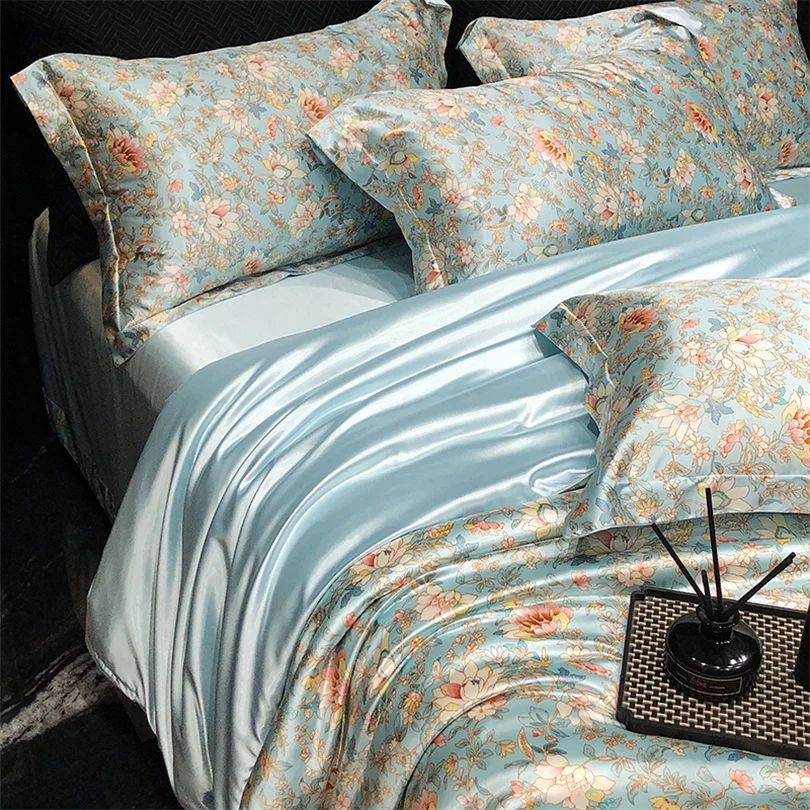 Home Silk Duvet Cover Set with Bed Sheet Pillowcase 4 Piece Natural Silk Bedding Sets Soft Smooth Comforter Covers with Zipper