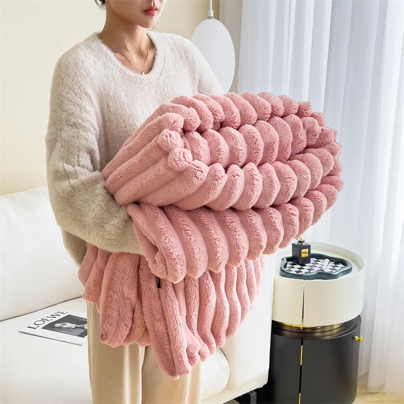 WASART Soft warm Imitation fur blanket winter fluffy rabbit plush large bedspread sofa throw coral fleece bed blanket home decor