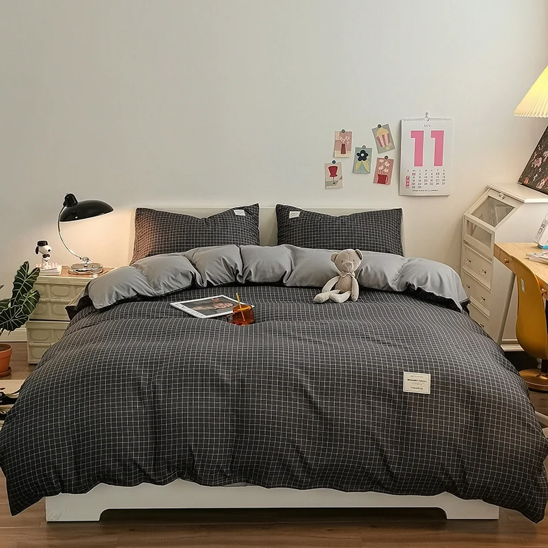 Pure Cotton Home Textile Plaid Pattern Bedding Set Simple Soft Duvet Cover Flat/Fitted Sheets Pillowcases Bed Linens Queen King