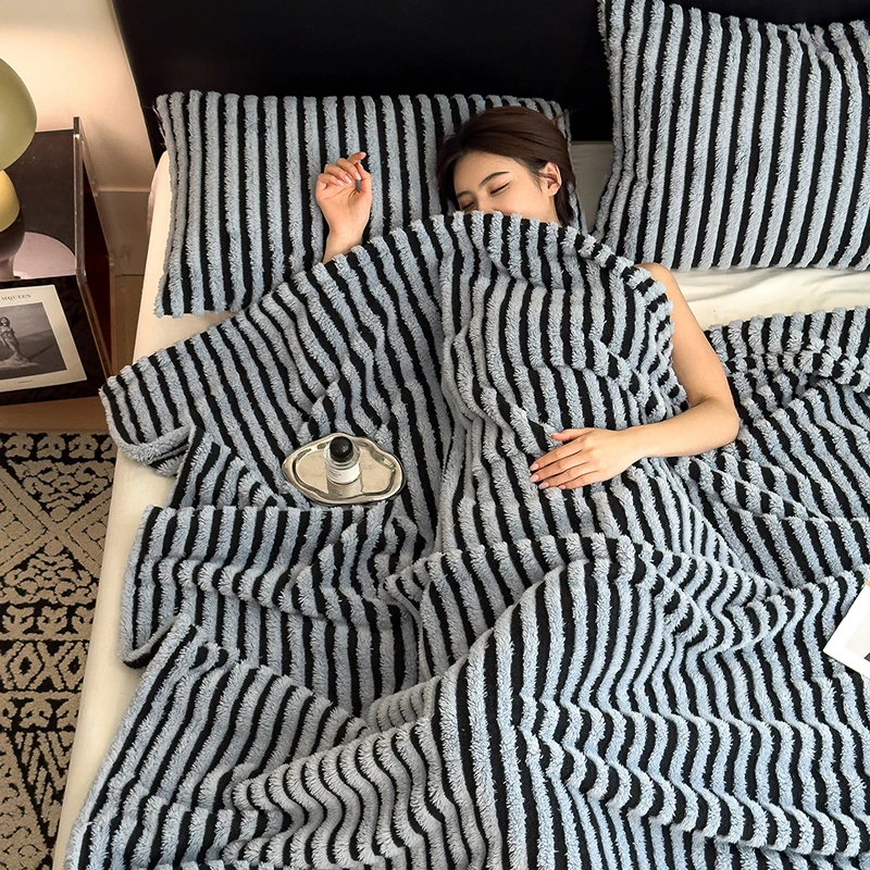 Cozy Fluffy Faux Fur Fleece Blanket Thick Warm Striped Winter Duvets Soft Plush Sofa Throw Blanket Bedroom Bedspread for Home