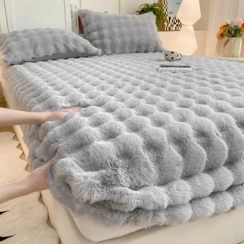 WASART Warm Winter Plush Fitted Sheet Elastic Mattress Protector Cover Fluffy Bubble Coral Fleece Bed Linens 180x200 King Size