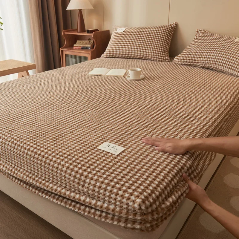 WASART Winter warm coral fleece fitted sheet elastic mattress cover 150x200 fluffy plush bed linen luxury double bed king size