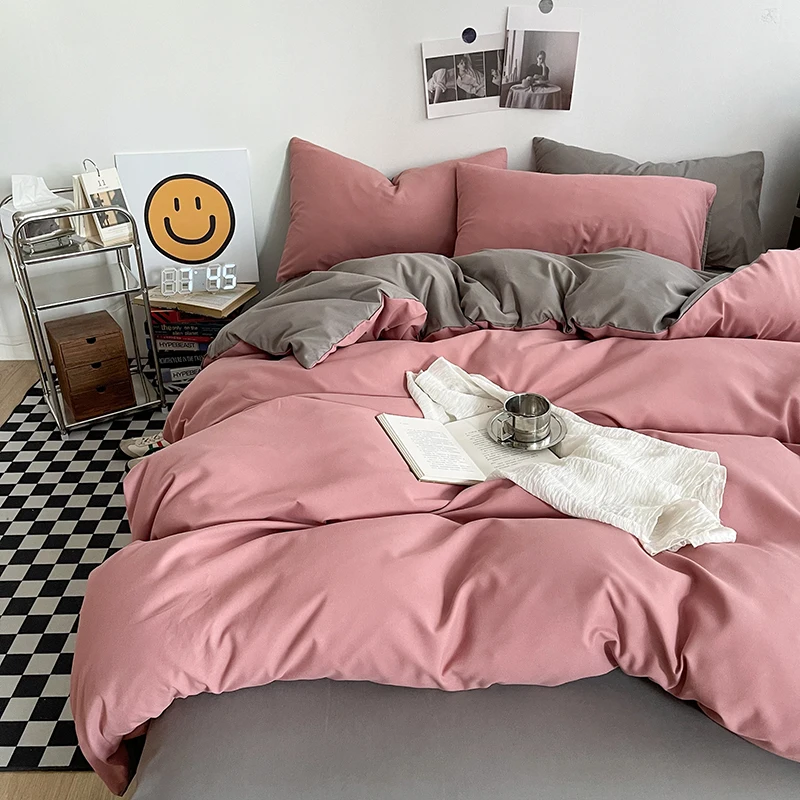 Ins Style Bedding Set Washed Cotton Duvet Cover Pillowcase Solid Color Soft Comforer Quilt Cover Bedspreads Bed Linen Flat Sheet