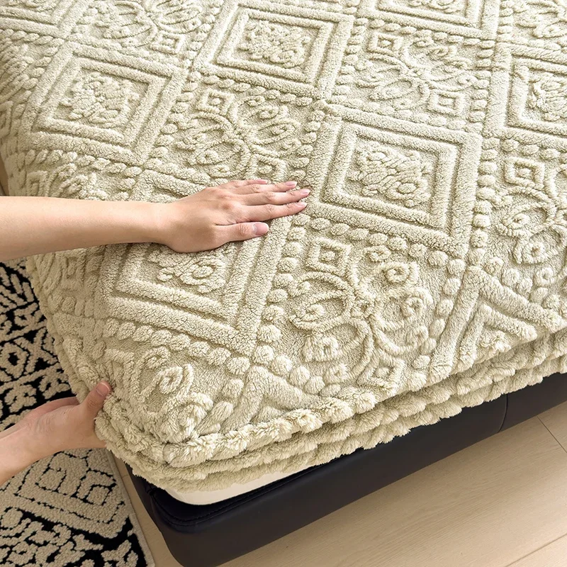 WASART Fluffy coral fleece fitted sheet elastic mattress protector cover winter warm plush bed linen luxury double bed bedding