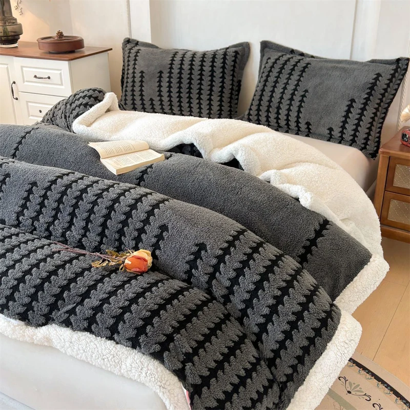 WASART Winter warm coral fleece Jacquard duvet cover fluffy plush luxury double bed couple quilt cover 220x240 cozy bedding set