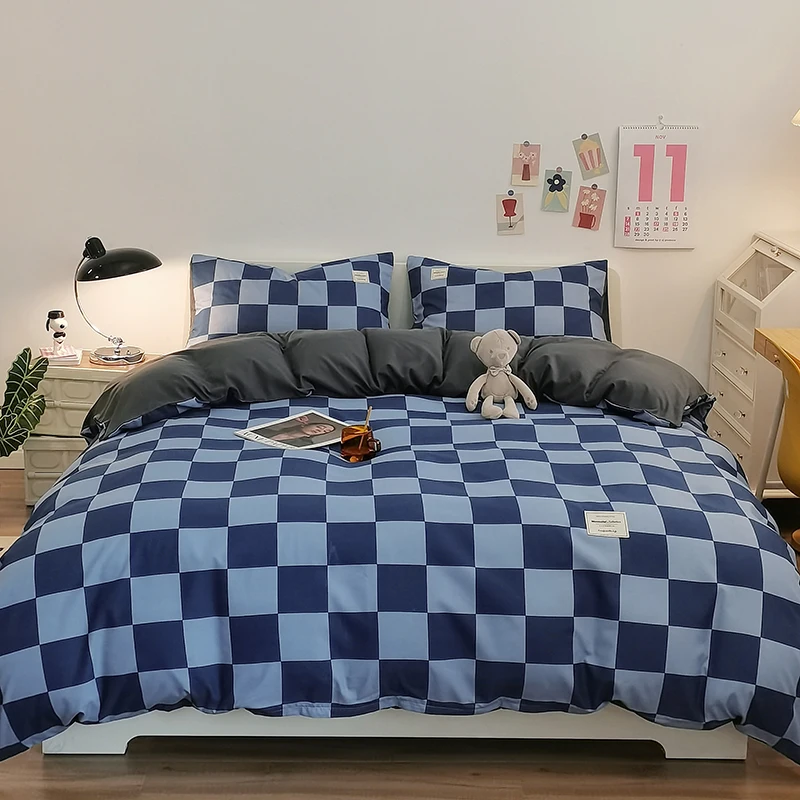 Pure Cotton Home Textile Plaid Pattern Bedding Set Simple Soft Duvet Cover Flat/Fitted Sheets Pillowcases Bed Linens Queen King