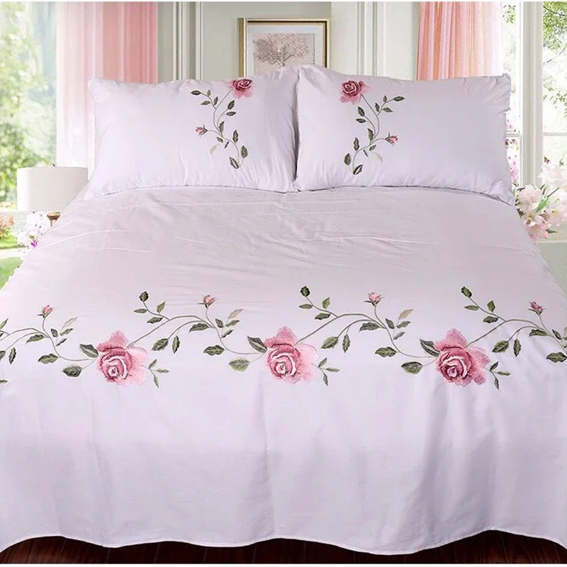 WASART Rose flora embroidery design flat bed sheet solid colour cotton twill linen bedding luxury home textiles queen king size