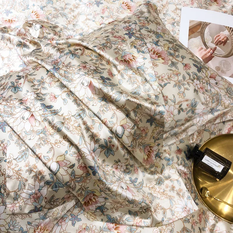 Floral Mulberry Silk Bedding Set with Duvet Cover Bed Sheet Luxury High-end Quilt Cover Fitted/Flat Bedsheet Double Queen Size