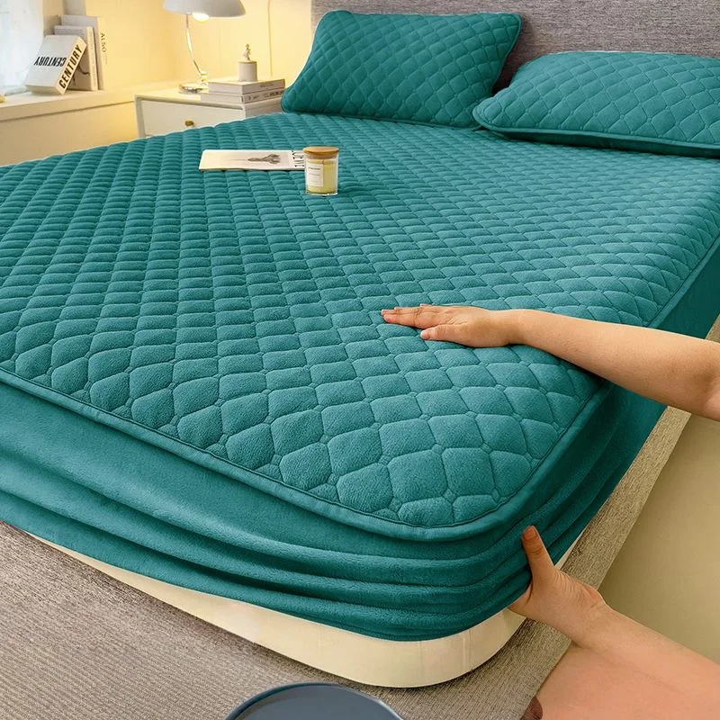 WASART Winter Warm Coral Fleece Mattress Protector Cover Quilted Thermal Elastic Fitted Sheet Luxury Double Bed Protection Pad