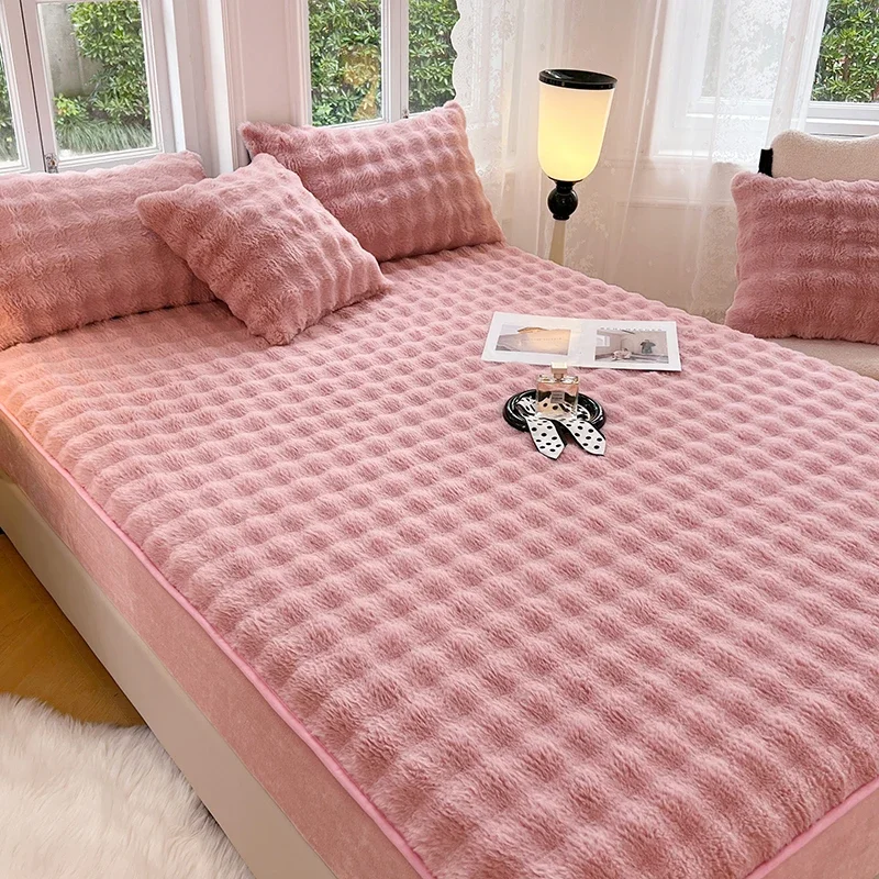WASART Soft warm rabbit plush fitted sheet elastic mattress protector cover fluffy coral fleece 150cm winter bedsheet king size