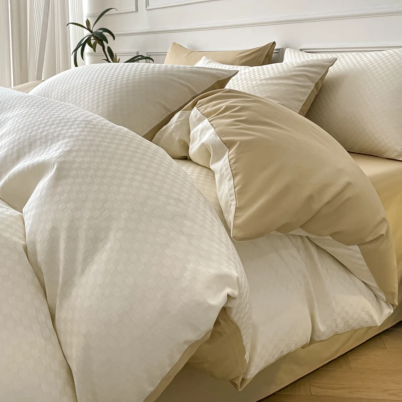 100% Cotton Jacquard Weave Luxury Bedding Set Solid Queen King Size Duvet Cover Flat/Fitted Bed Sheets Set Pillowcase Bed Linens