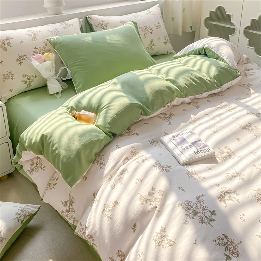 Korean Retro Floral Bedding Set 100% Washed Cotton Bed Sheets Set Soft Duvet Cover Bed Linen Pillowcase Single Double Queen King