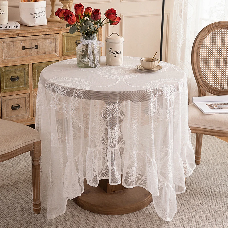 Battilo White Round Lace Tablecloth Floral Embroidered Table Cloth for Dinning Table Rectangular Table Cover for Wedding Party