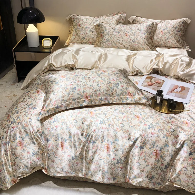 Floral Mulberry Silk Bedding Set with Duvet Cover Bed Sheet Luxury High-end Quilt Cover Fitted/Flat Bedsheet Double Queen Size